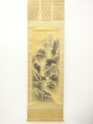 春章筆　水墨山水　肉筆絹本掛軸（中島清堂識箱）